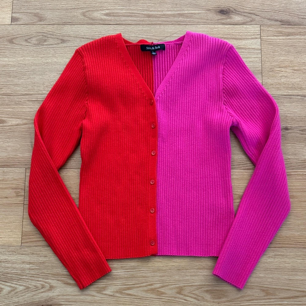Strut & Bolt Button Up Color Block Ribbed Cardigan Large Pink Red Valentines - Picture 4 of 8